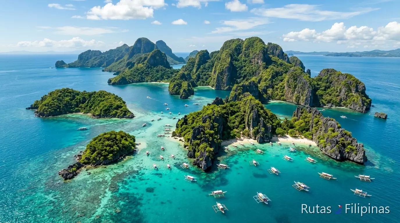 Vista aérea de islas tropicales filipinas con mar turquesa y barcas Vista aérea de islas tropicales filipinas con mar turquesa y barcas