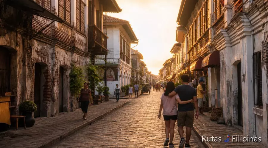 Calle empedrada de Calle Crisólogo en Vigan con fachadas coloniales al atardecer Calle empedrada de Calle Crisólogo en Vigan con fachadas coloniales al atardecer