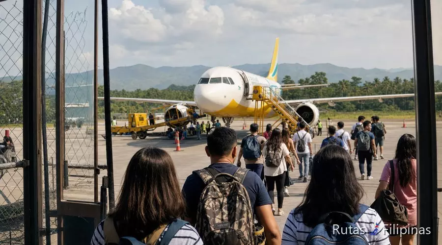 Avión en pista de aeropuerto regional de Filipinas con pasajeros desembarcando Avión en pista de aeropuerto regional de Filipinas con pasajeros desembarcando