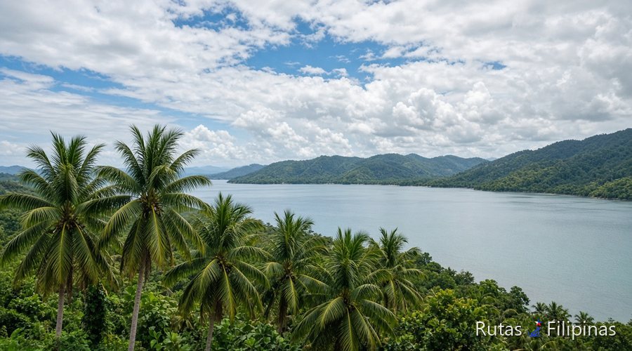 Bahía entre colinas verdes, vista desde un promontorio con palmeras